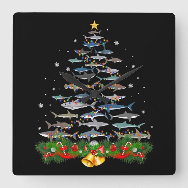 Shark Christmas Tree Shark Lovers Gifts Square Wall Clock (Front)