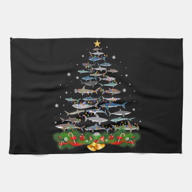 Shark Christmas Tree Shark Lovers Gifts Tea Towel (Horizontal)