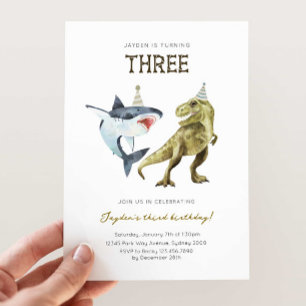 Shark & Dino 3rd B'day Invite, T-rex Shark Party Invitation