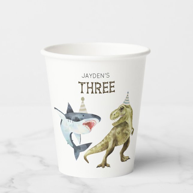 Shark & Dino 3rd Birthday, Shark Dinosaur Party  Paper Cups (Front)