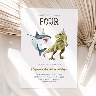 Shark & Dino 4th B'day Invite, T-rex Shark Party Invitation