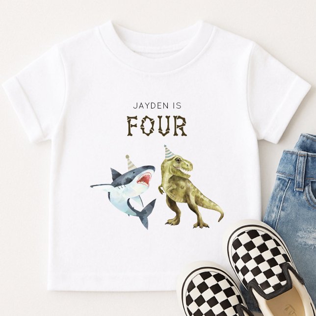 Shark & Dino 4th Birthday T-Shirt, T-rex & Shark T-Shirt (Creator Uploaded)