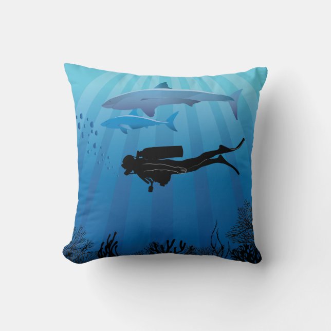 Shark Diving Scuba Diver Cushion (Front)