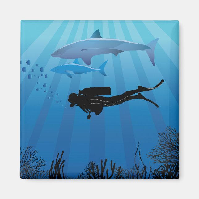 Shark Diving Scuba Diver Magnet (Front)