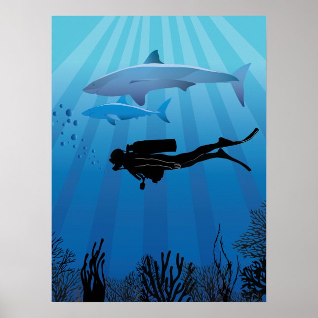 Shark Diving Scuba Diver Poster (Front)