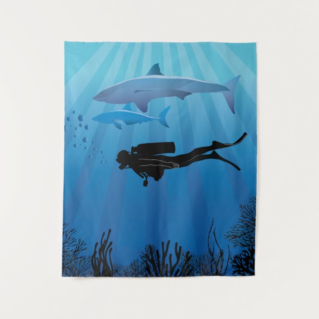 Shark Diving Scuba Diver Tapestry (Front)