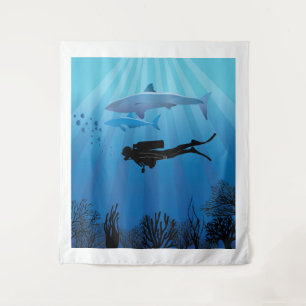 Shark Diving Scuba Diver Tapestry