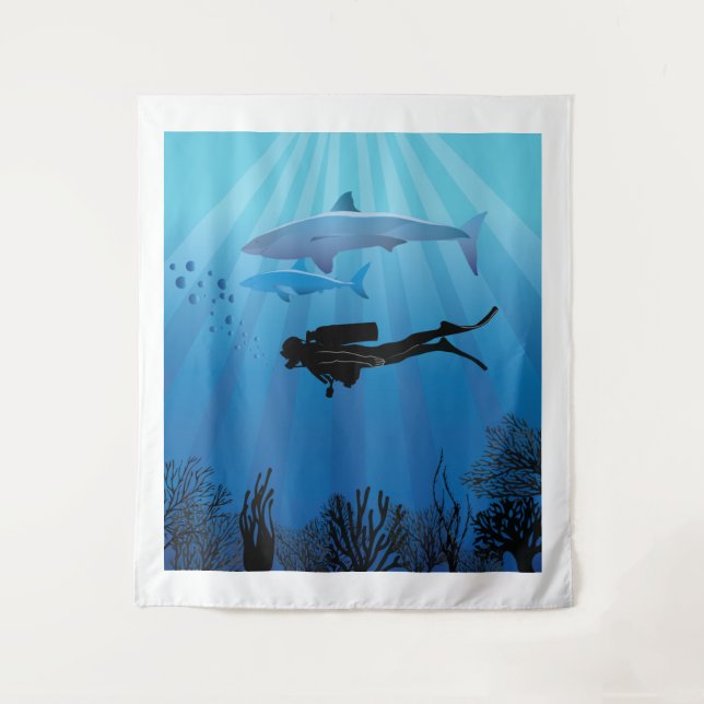 Shark Diving Scuba Diver Tapestry (Front)