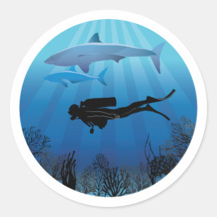 Shark Diving Scuba Diver Underwater Classic Round Sticker