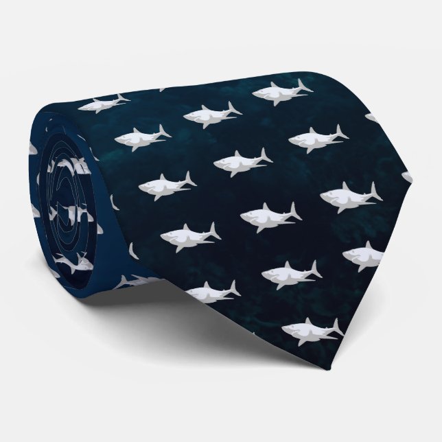 Shark Drawing of White & Gray Ocean Tiled Necktie (Rolled)