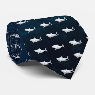 Shark Drawing of White & Grey Ocean Tiled Necktie