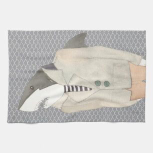 Shark Fashion Suit Watercolor Illustration K Tea Towel