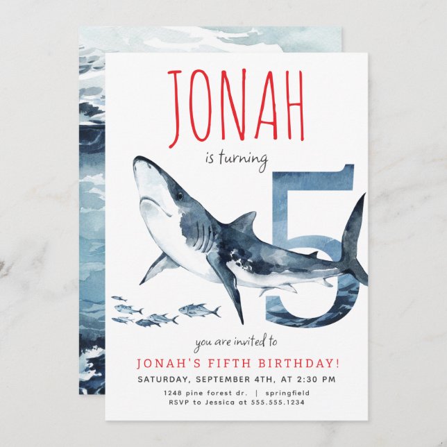 Shark Fifth Birthday Invitation (Front/Back)