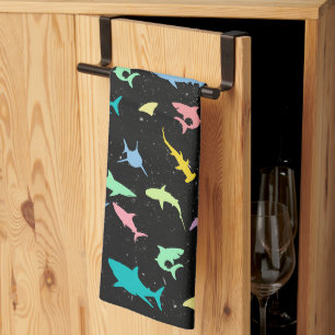 Shark fish colourful shadow on Dark galaxy Space Tea Towel