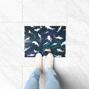 Shark fish white shadow on Dark galaxy Space Doormat