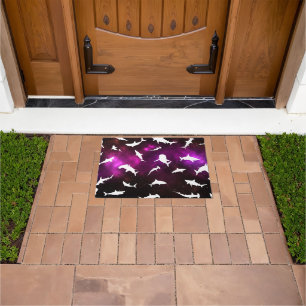 Shark fish white shadow on Dark galaxy Space Doormat