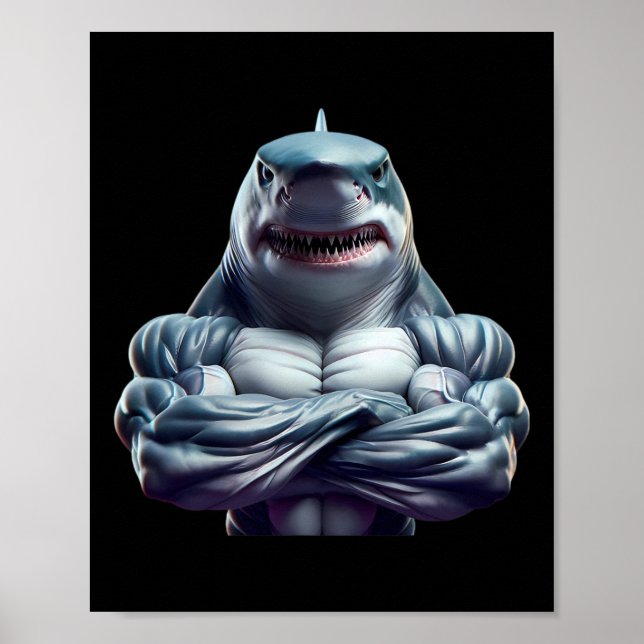 Shark Flexing Fan Lover Bodybuilding Cool Gym Work Poster (Front)