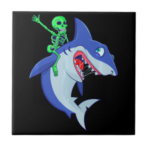 Shark Halloween Skeleton Riding Sharks Lover Funny Ceramic Tile