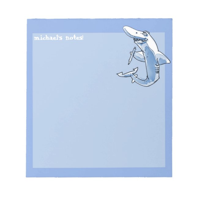 shark holds pencil funny cartoon customisable notepad (Front)
