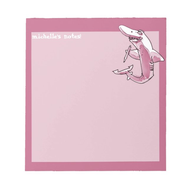 shark holds pencil funny cartoon customisable notepad (Front)