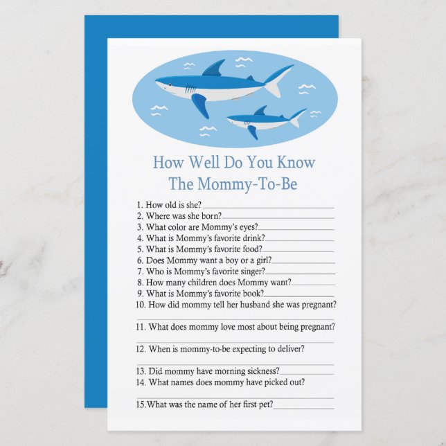 Shark How well do you know baby shower game (Front/Back)