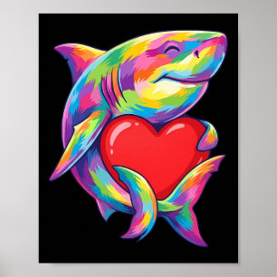 Shark Hugging Valentine Heart Colour Critters Rain Poster