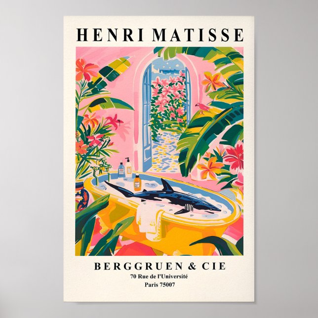 Shark In Bathtub Art Print, Funny Beach House Deco Poster (Front)