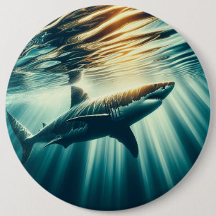 Shark in the deep blue sea & sunlight 6 cm round badge