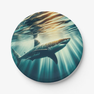 Shark in the deep blue sea & sunlight paper plate