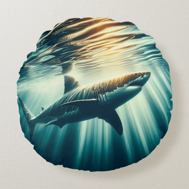 Shark in the deep blue sea & sunlight round cushion (Front)
