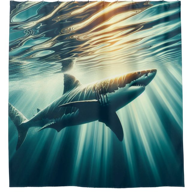 Shark in the deep blue sea & sunlight shower curtain (Front)