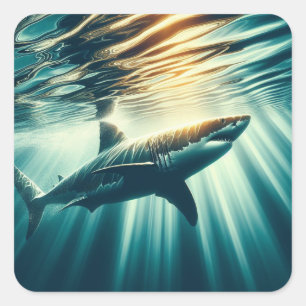 Shark in the deep blue sea & sunlight square sticker