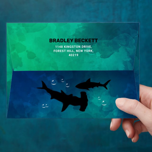 Shark Infested Any Age Birthday Party Envelope (Hand)