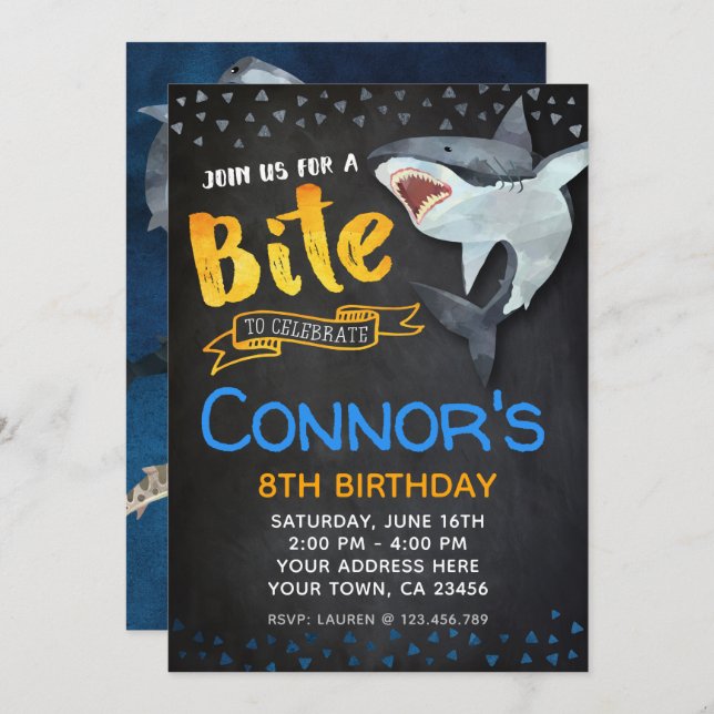Shark Invitation, Pool Birthday Party, Chalkboard Invitation (Front/Back)