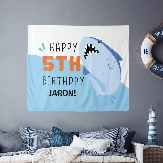 Shark Kids 5th Birthday Backdrop Custom Tapestry (Shark Kids 5th Birthday Backdrop Custom
)