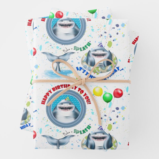 Shark Kids Birthday Wrapping Paper Sheet (In situ)