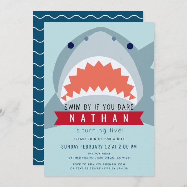 Shark Light Blue Pool Boy Birthday Invitation (Front/Back)