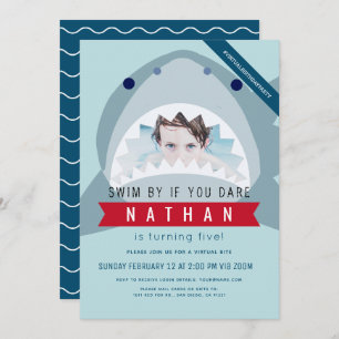 Shark Light Blue Pool Boy Photo Birthday Invitation