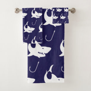 Shark Lovers Nautical Fisherman Fish Hooks Navy Bath Towel Set