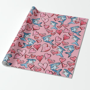 Shark Lovers Sharks and Heart Pattern Valentine Wrapping Paper
