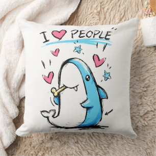 Shark Loves People Funny Doodle Cartoon Cushion