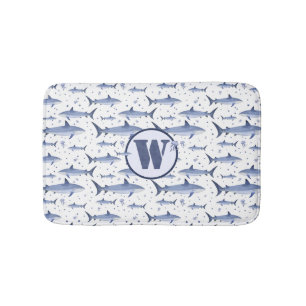 Shark Marine Life Sea Blue Watercolor Monogram Bath Mat
