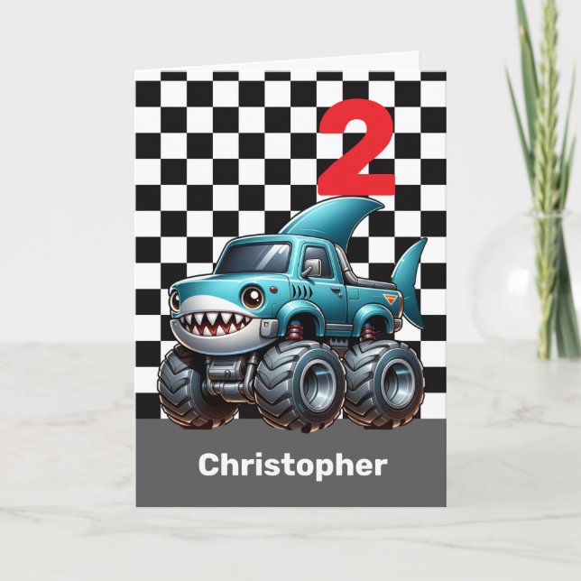 Shark Monster Truck 2nd Birthday Card (Front)
