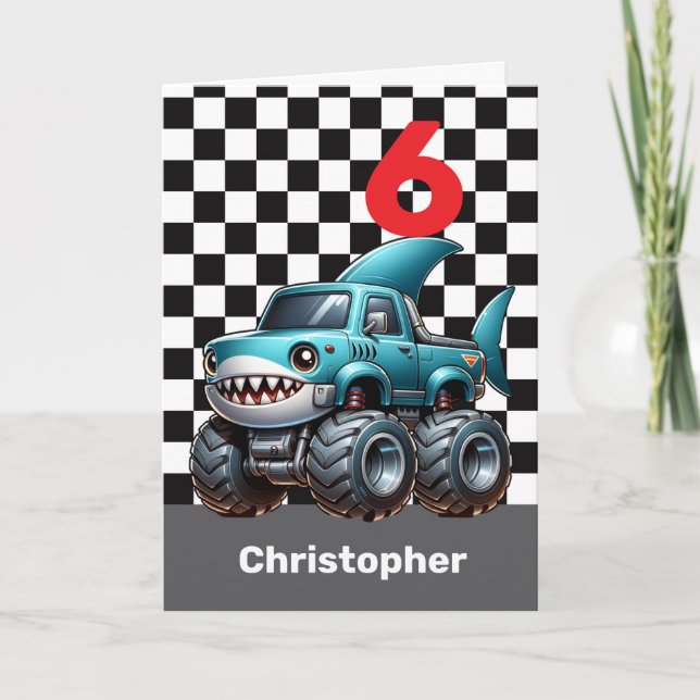 Shark Monster Truck 5th Birthday Card (Front)