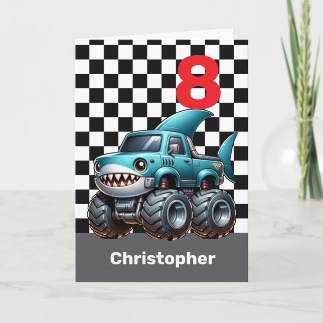 Shark Monster Truck 8th Birthday Card (Front)