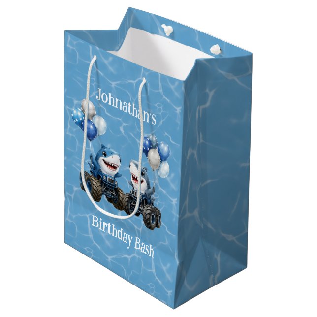 Shark Monster Truck Birthday Bash Medium Gift Bag (Front Angled)