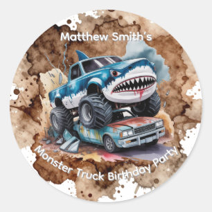 Shark Monster Truck Boy Birthday  Classic Round Sticker
