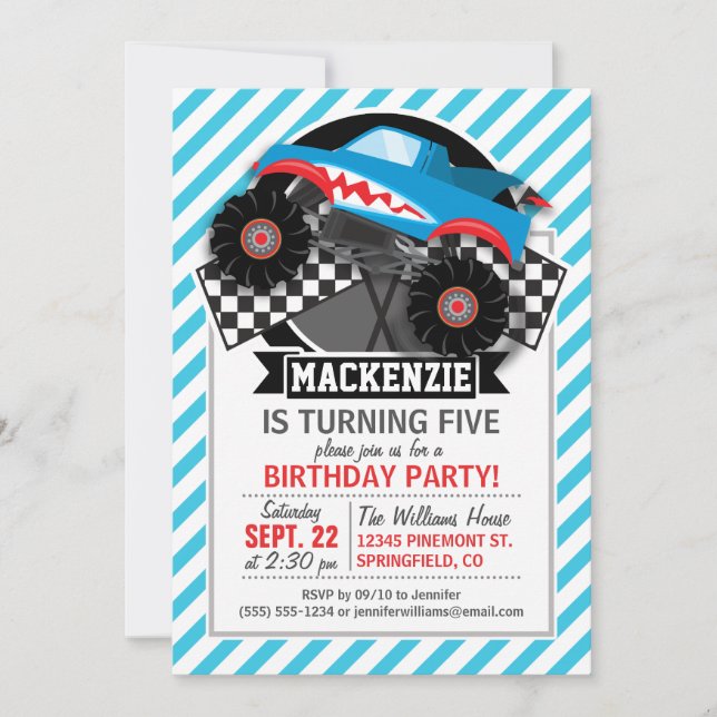 Shark Monster Truck; Chequered Flag; Blue Stripes Invitation (Front)