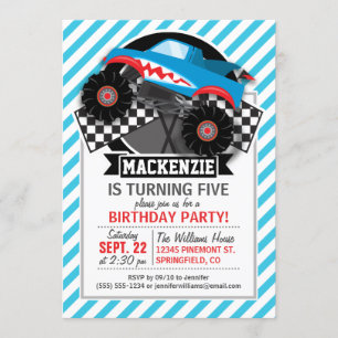 Shark Monster Truck; Chequered Flag; Blue Stripes Invitation