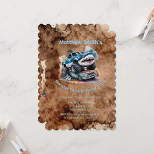 Shark Monster Truck Mud Splatter Boy Birthday  Invitation